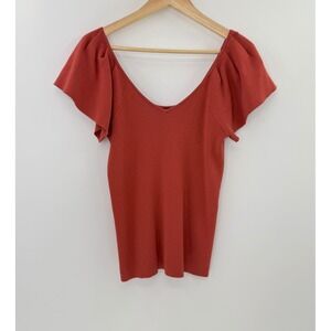 Halogen Flutter Sleeve‎ Ribbed Knit Top Rust Orange V-Neck Blouse Sz L Fallcore